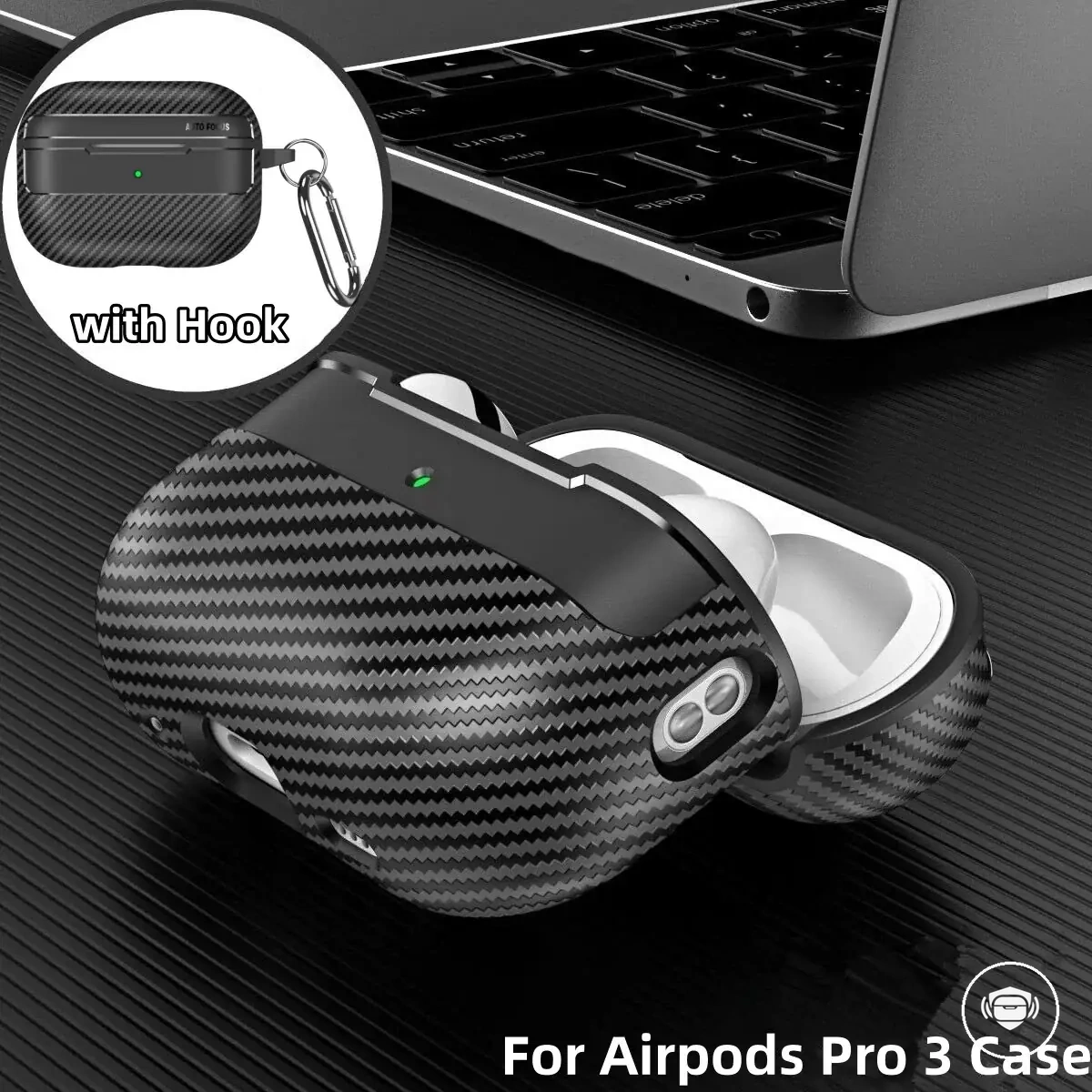 Cache AirPods Pro 3 avec texture fibre de carbone, mousqueton et kit de nettoyage