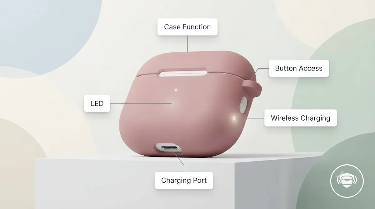 Coque de boîtier d’écouteurs sans fil montrant les fonctionnalités d’accès à la charge et aux boutons