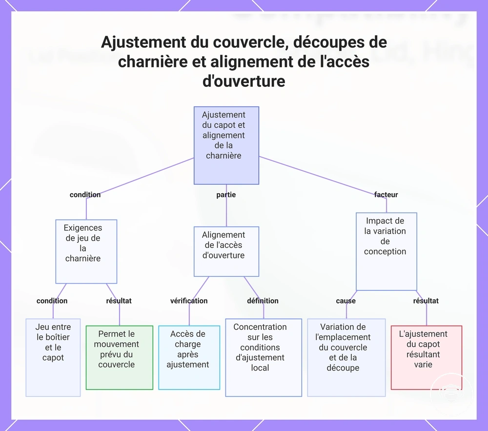Ajustement du couvercle, découpes de charnière et alignement de l'accès d'ouverture