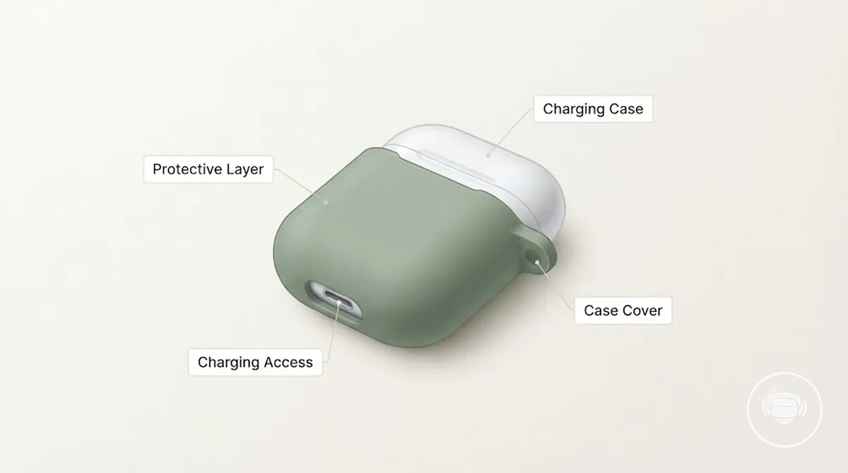 Coque pour boîtier d’écouteurs sans fil entourant un boîtier de charge, illustrant la relation de couche de protection extérieure