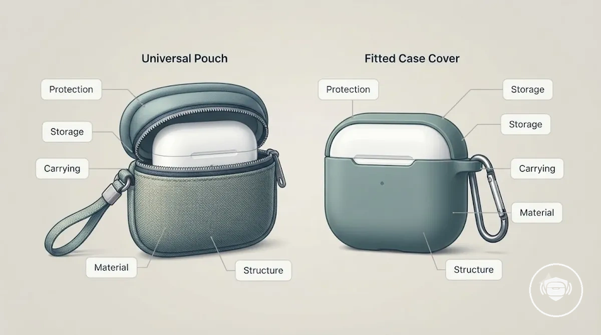 Pochette universelle et coque ajustée pour boîtier d'écouteurs sans fil comparées pour les différences de protection, de rangement et de transport