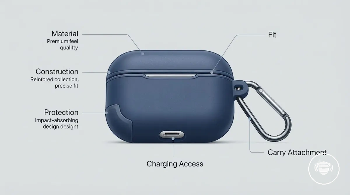 Coque pour boîtier d’écouteurs sans fil annotée montrant les facteurs de prix : matériau, ajustement, accès à la recharge, protection et attache de transport