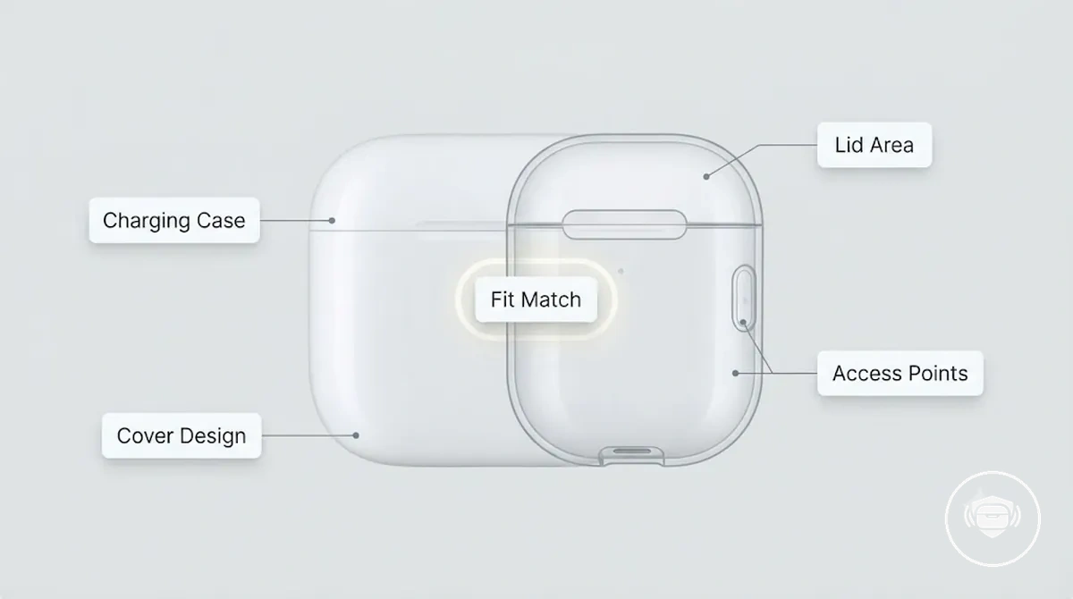 Schéma montrant les facteurs de compatibilité des coques pour boîtiers d’écouteurs sans fil et l’alignement du boîtier de charge