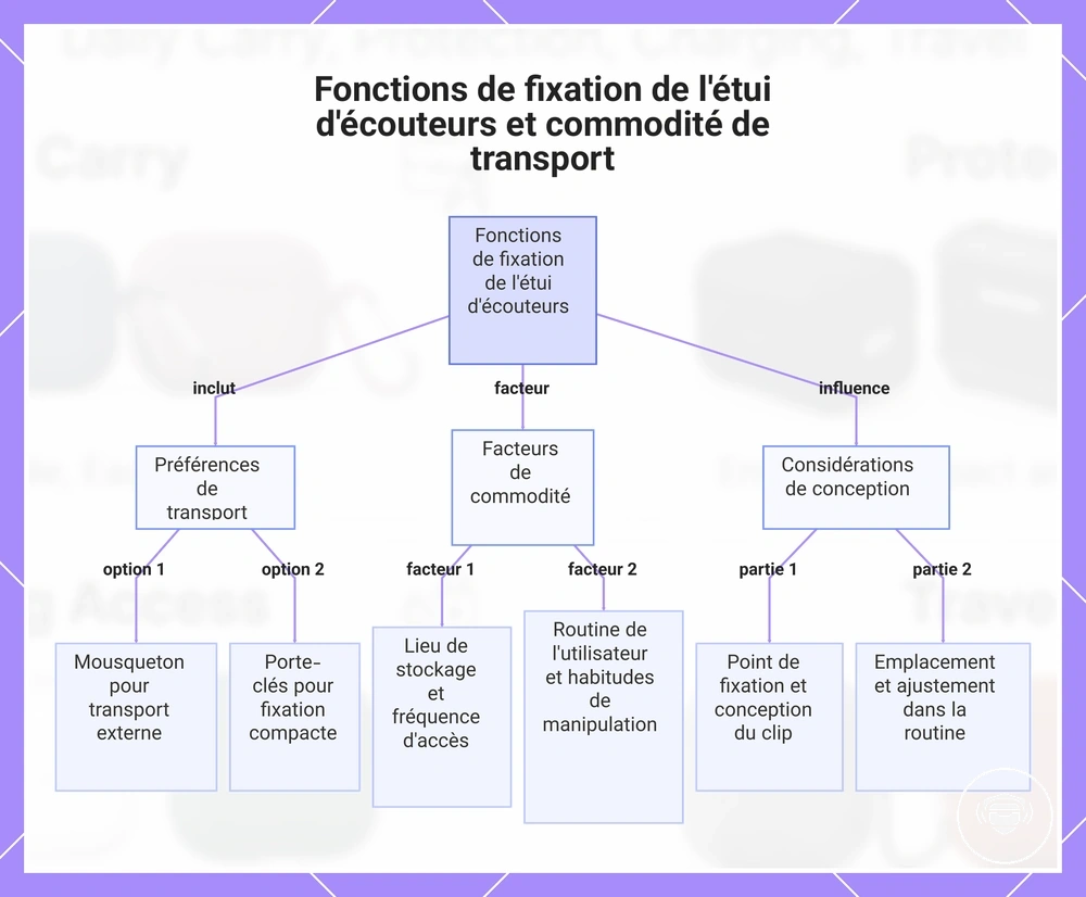 Fonctions de fixation de l'étui d'écouteurs et commodité de transport