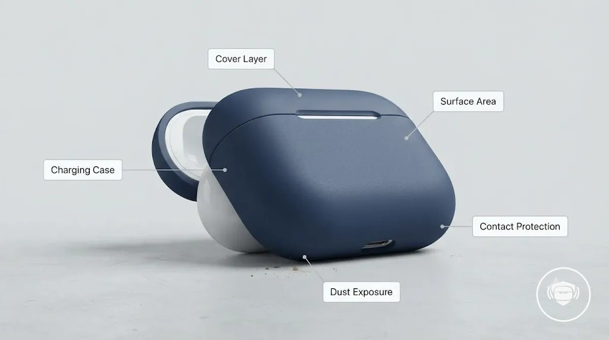 Coque pour boîtier d écouteurs sans fil montrant les fonctions de protection de surface contre les contacts quotidiens et l exposition à la poussière