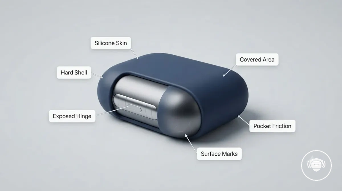Coque de boîtier d’écouteurs montrant les zones de contact pour rayures et éraflures sur les surfaces couvertes et exposées