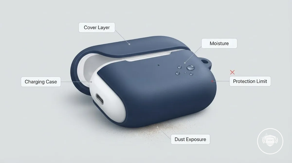 Coque pour boîtier d écouteurs sans fil montrant les considérations de protection environnementale pour l exposition à l humidité et à la poussière
