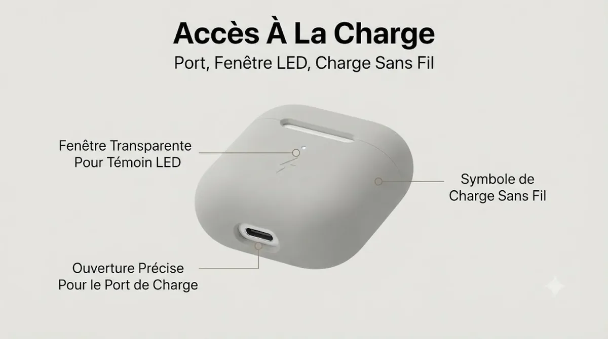 Coque pour boîtier d’écouteurs sans fil avec ouverture pour le port de charge, fenêtre LED et charge sans fil