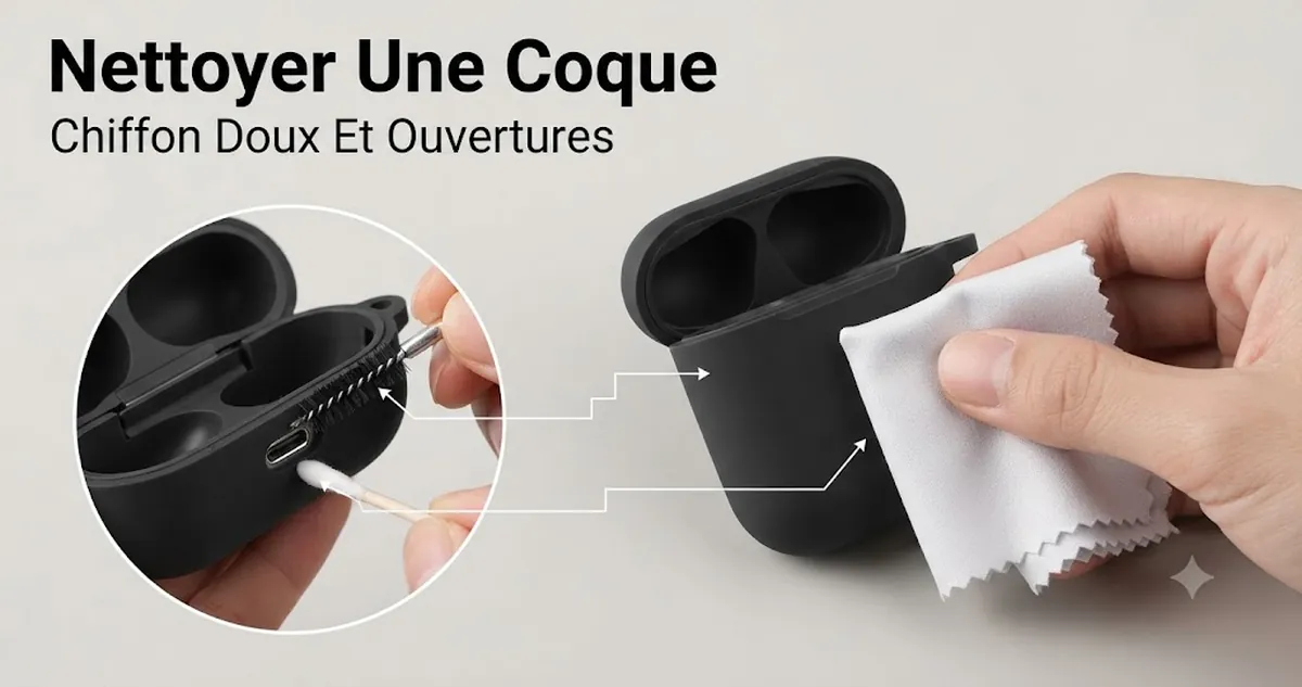 Nettoyage d’une coque pour boîtier d’écouteurs sans fil avec chiffon doux et petits outils autour des ouvertures