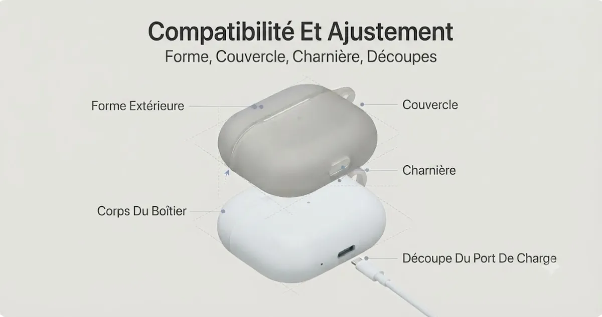 Coque pour boîtier d’écouteurs sans fil alignée avec la forme du boîtier de charge, le couvercle, la charnière et les découpes de charge