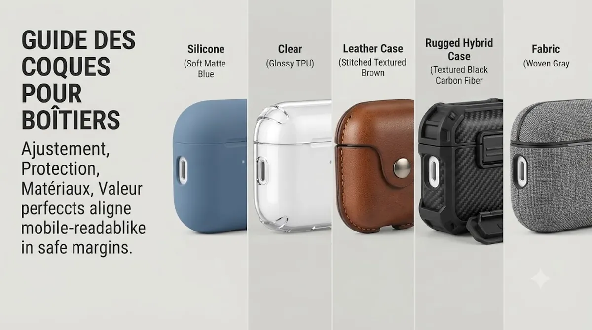 Coques pour boîtiers d’écouteurs sans fil montrant une protection ajustée, des types de matériaux et des détails d’accès à la charge