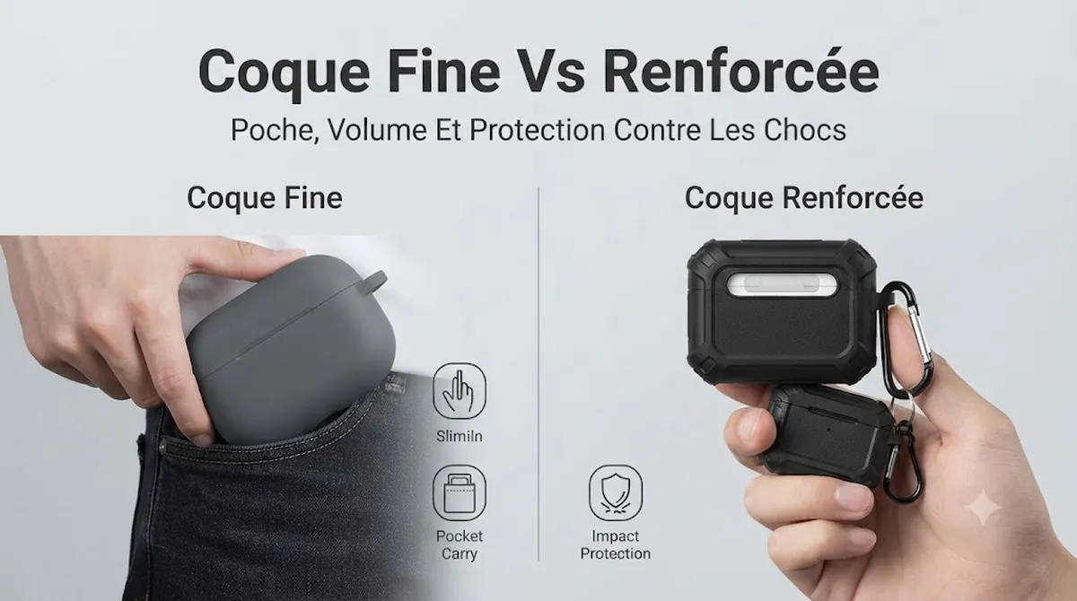 Coques fines et renforcées pour boîtiers d’écouteurs sans fil comparées selon le transport en poche, le volume et la protection contre les chocs