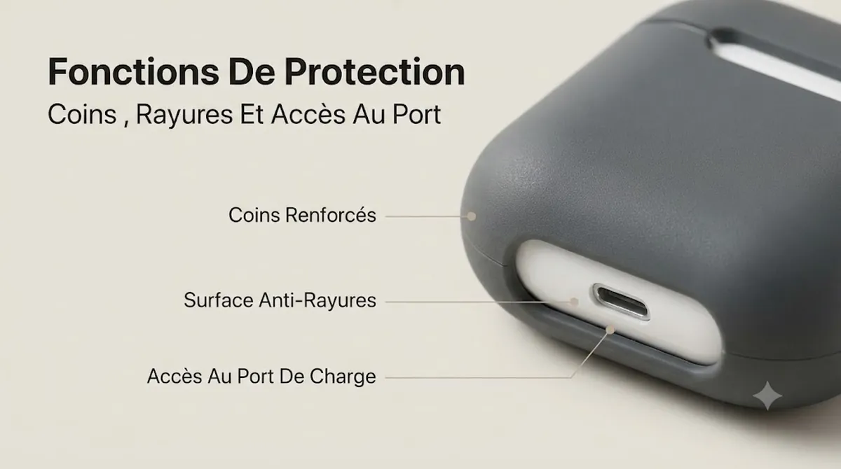 Détails d’une coque protectrice pour boîtier d’écouteurs sans fil avec coins renforcés, protection contre les rayures et accès au port