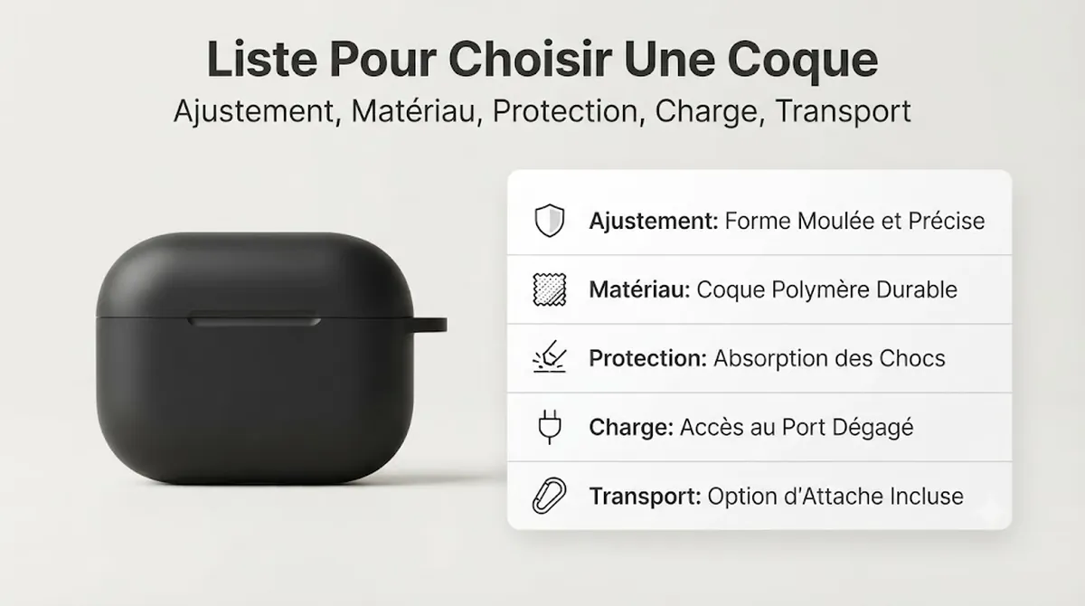Liste de vérification pour coque de boîtier d’écouteurs sans fil avec ajustement, matériau, protection, accès à la charge et options de transport