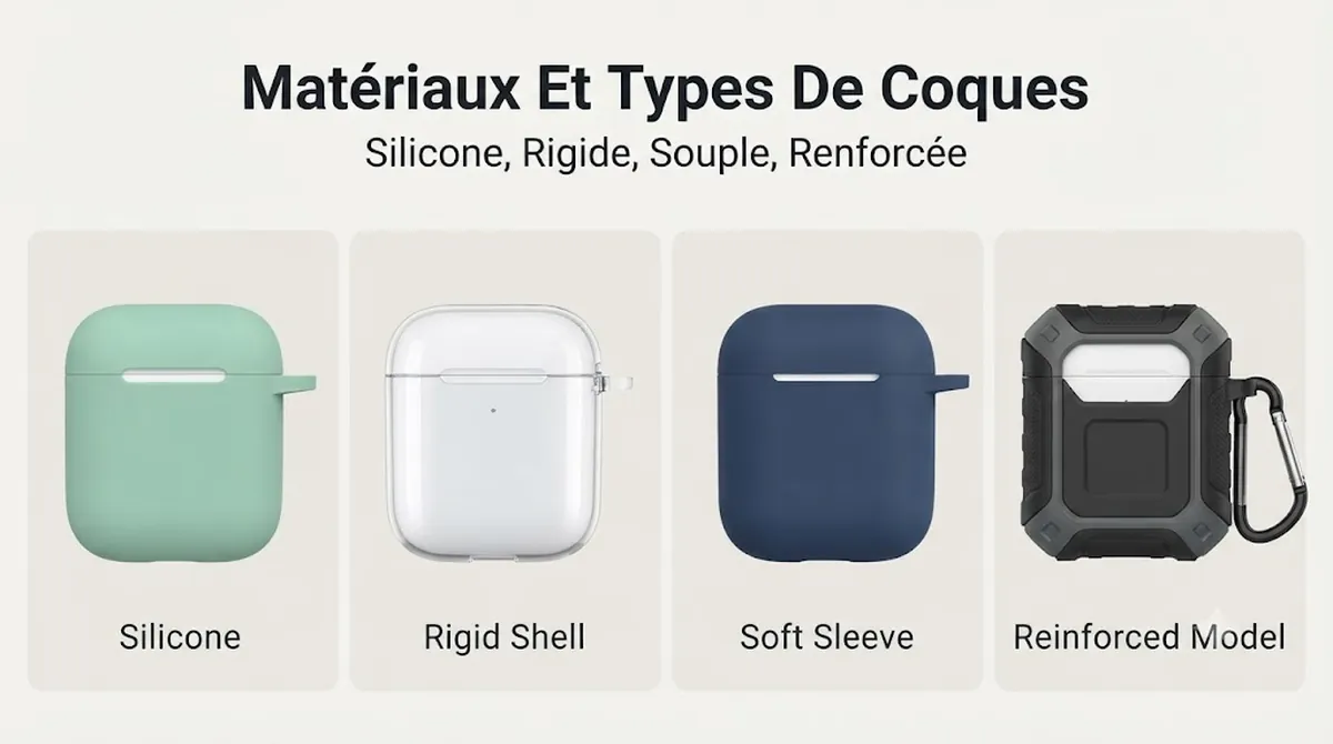 Matériaux de coques pour boîtiers d’écouteurs sans fil, dont silicone, coque rigide, housse souple et modèles renforcés