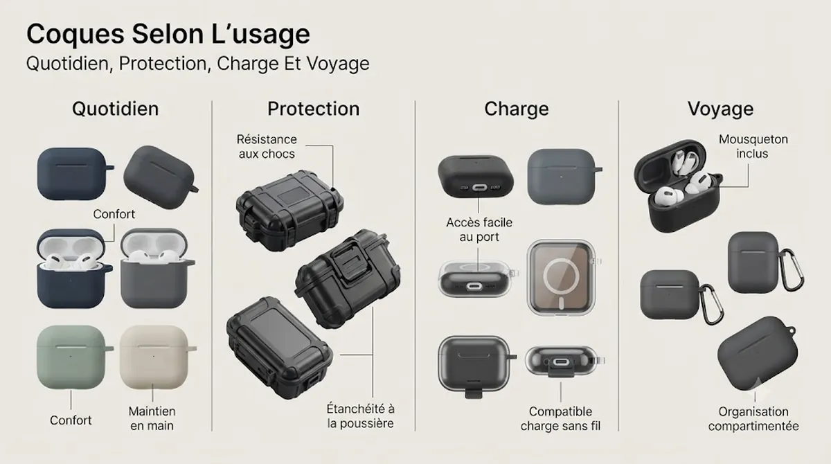 Options de coques pour boîtiers d’écouteurs sans fil regroupées par usage quotidien, protection, accès à la charge et voyage