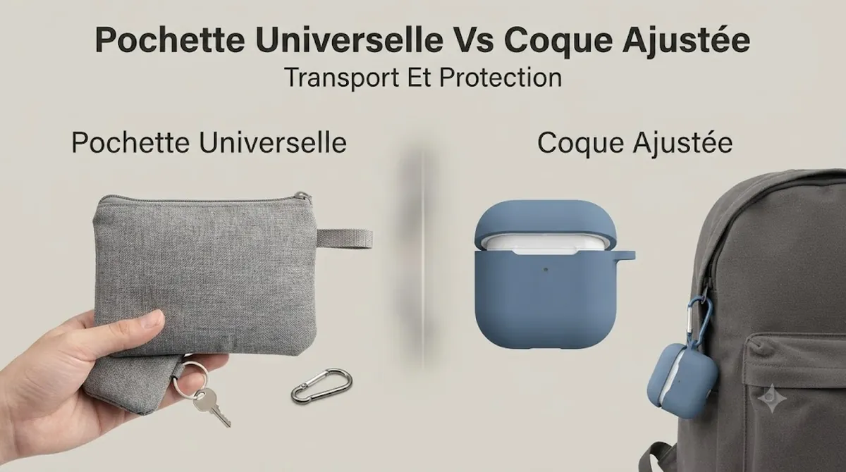 Pochette universelle pour écouteurs sans fil comparée à une coque ajustée pour boîtier selon le transport et la protection