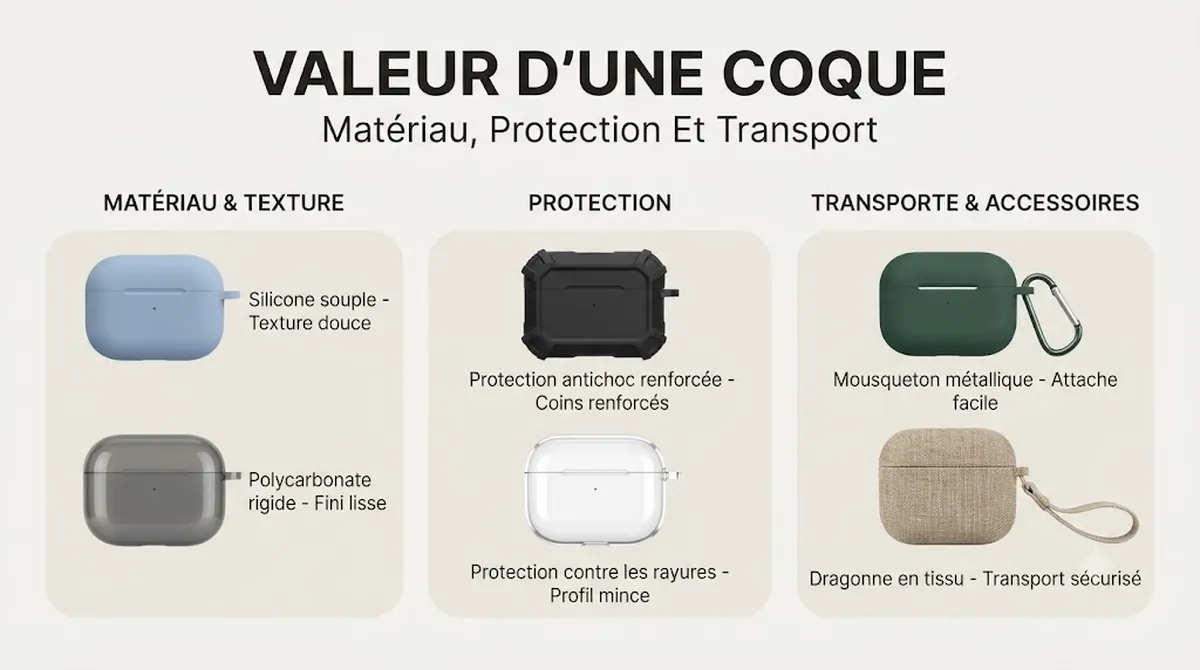 Comparaison de valeur d’une coque pour boîtier d’écouteurs sans fil avec qualité du matériau, fonctions de protection et accessoires de transport