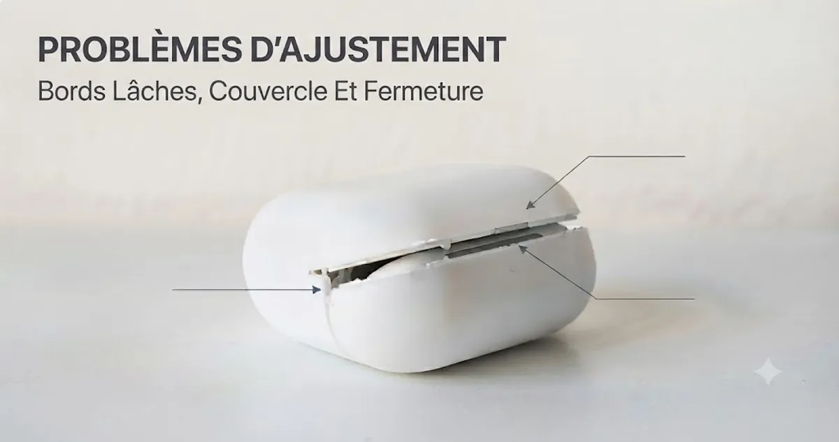 Problèmes d’ajustement d’une coque pour boîtier d’écouteurs sans fil avec bords lâches, alignement du couvercle et fermeture difficile