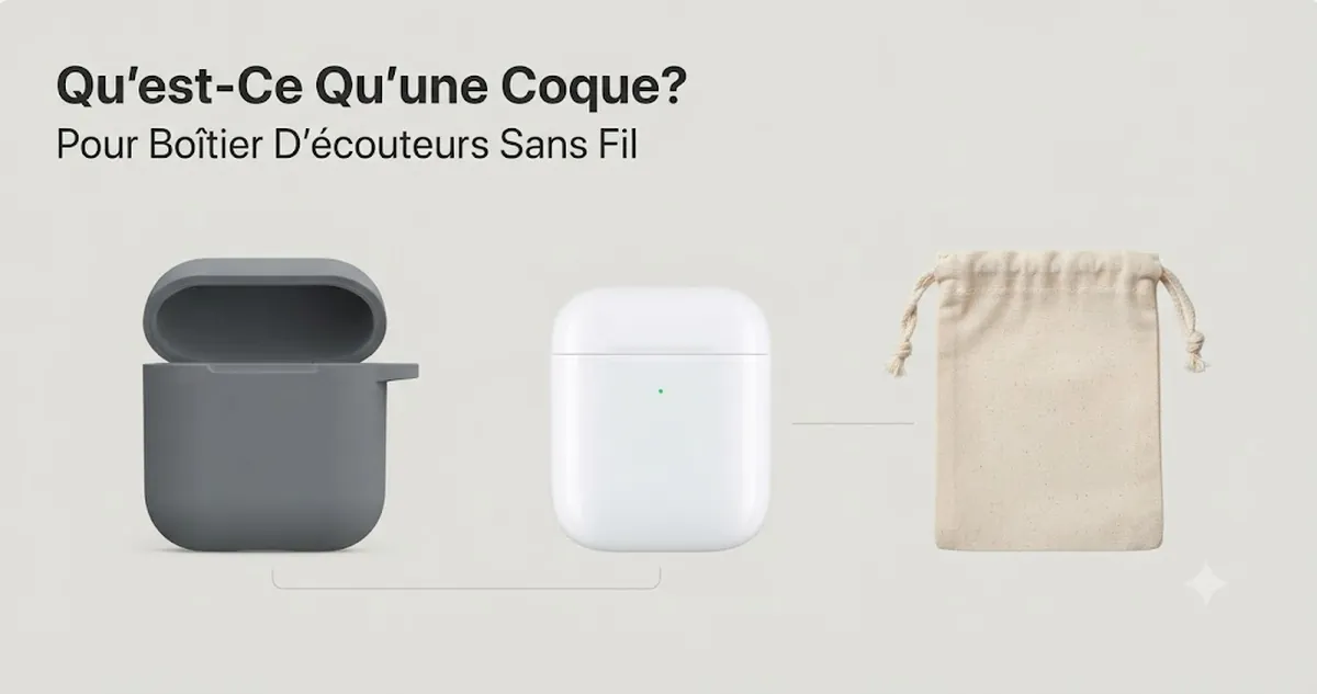 Coque ajustée pour boîtier d’écouteurs sans fil présentée séparément d’un boîtier de charge et d’une pochette de rangement