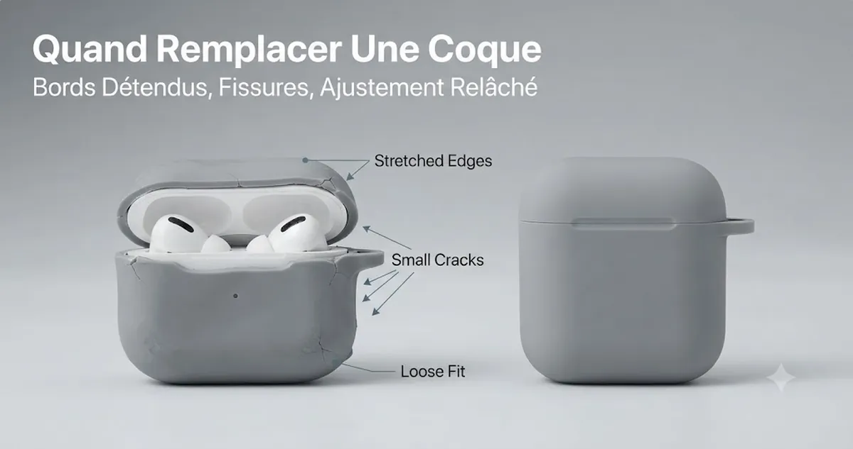 Coque usée pour boîtier d’écouteurs sans fil avec bords détendus, fissures et ajustement relâché à côté d’une coque de remplacement