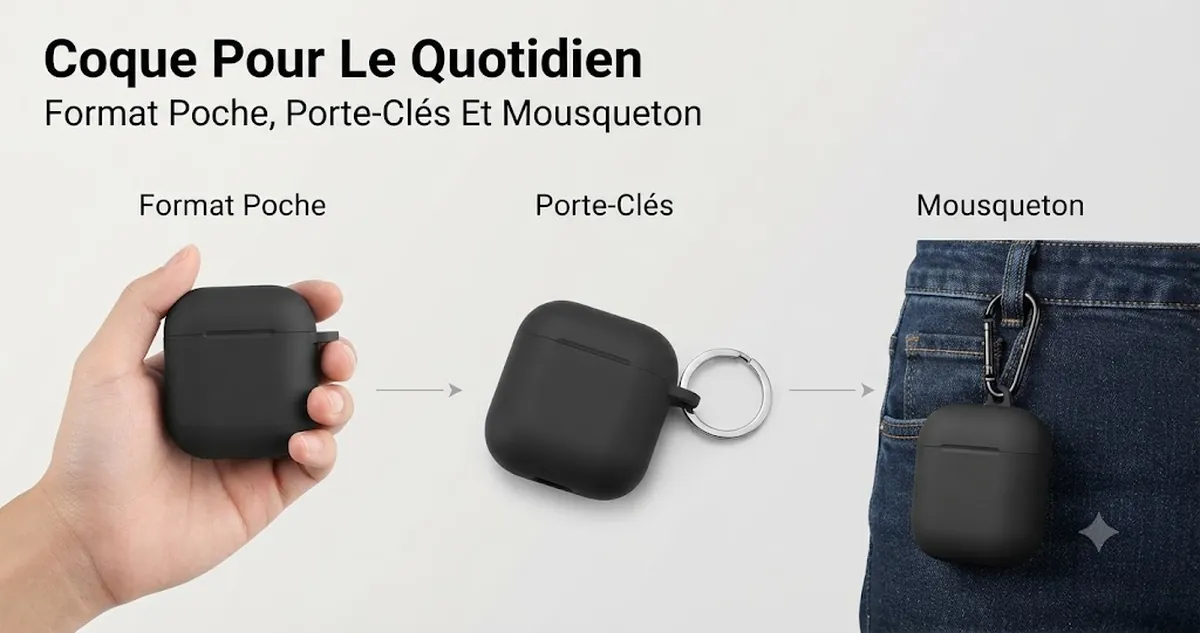 Coque pour boîtier d’écouteurs sans fil utilisée au quotidien avec format de poche, porte-clés et mousqueton