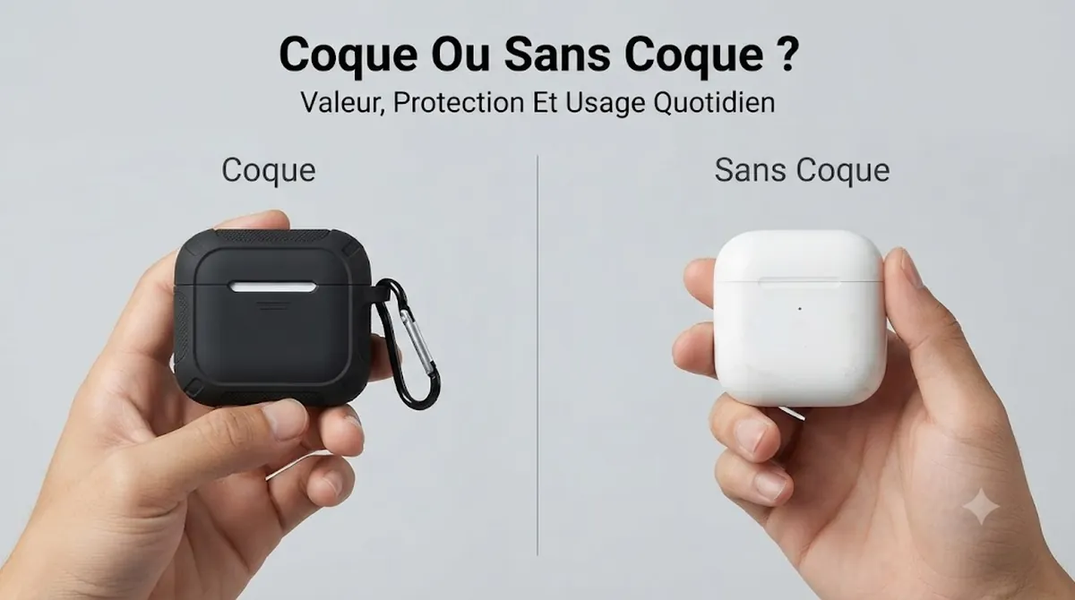 Boîtier de charge d’écouteurs sans fil présenté avec et sans coque de protection pour comparer la valeur