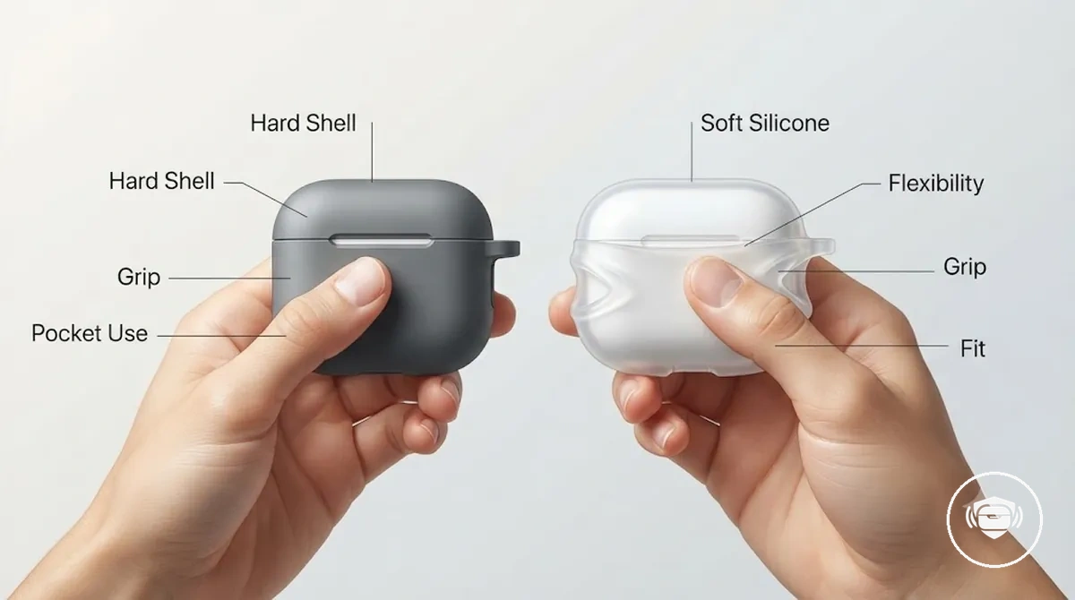 Mão segurando capas rígidas e flexíveis para estojos de fones sem fio mostrando diferenças de flexibilidade, aderência e tamanho