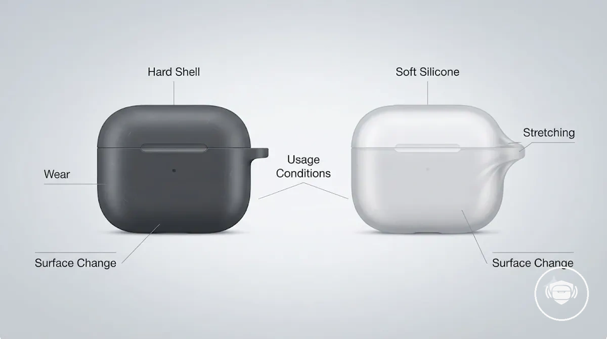 Capas rígidas e de silicone flexível para estojos de fones sem fio mostrando materiais de superfície e fatores de durabilidade