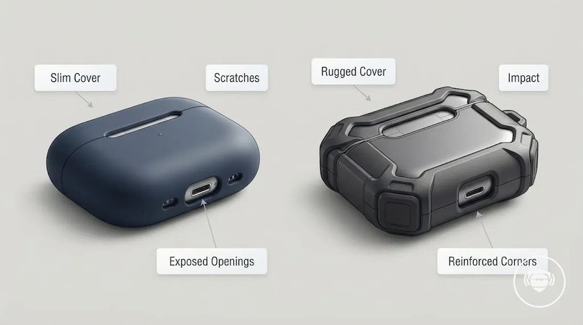 Capas finas e reforçadas para estojo de fones sem fio comparadas por cobertura de superfície, reforço de cantos e aberturas expostas