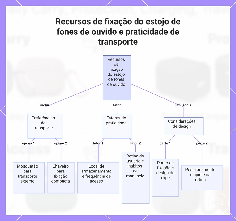 Recursos de fixação do estojo de fones de ouvido e praticidade de transporte