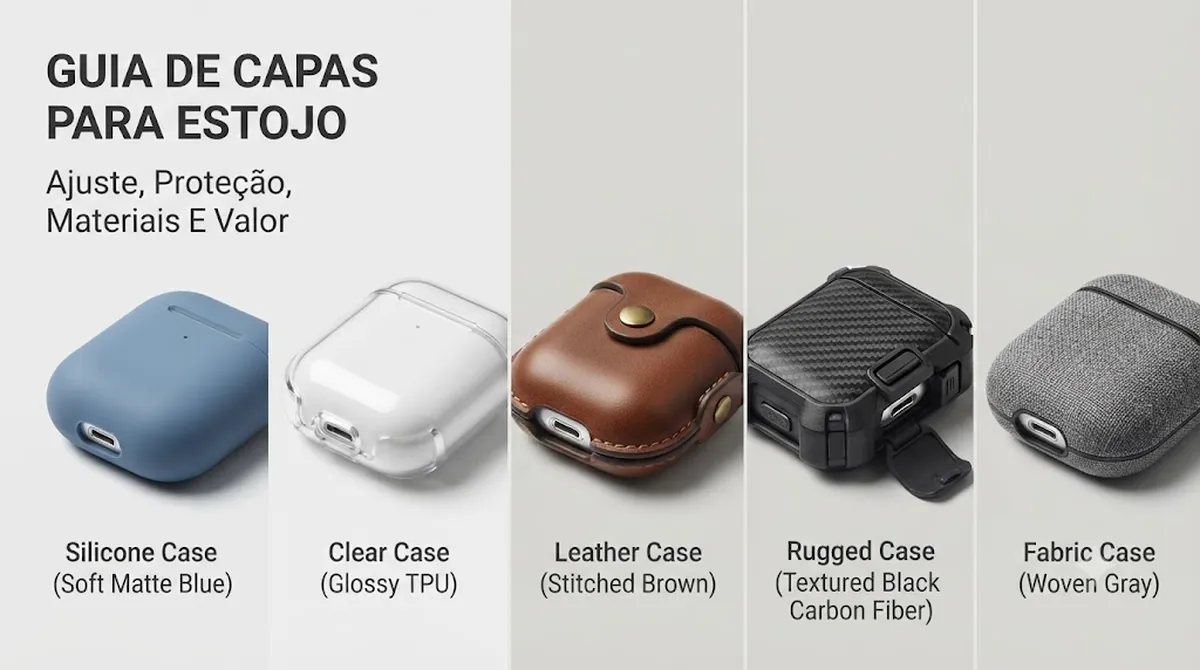 Capas para estojo de fones sem fio com proteção ajustada, tipos de material e detalhes de acesso ao carregamento