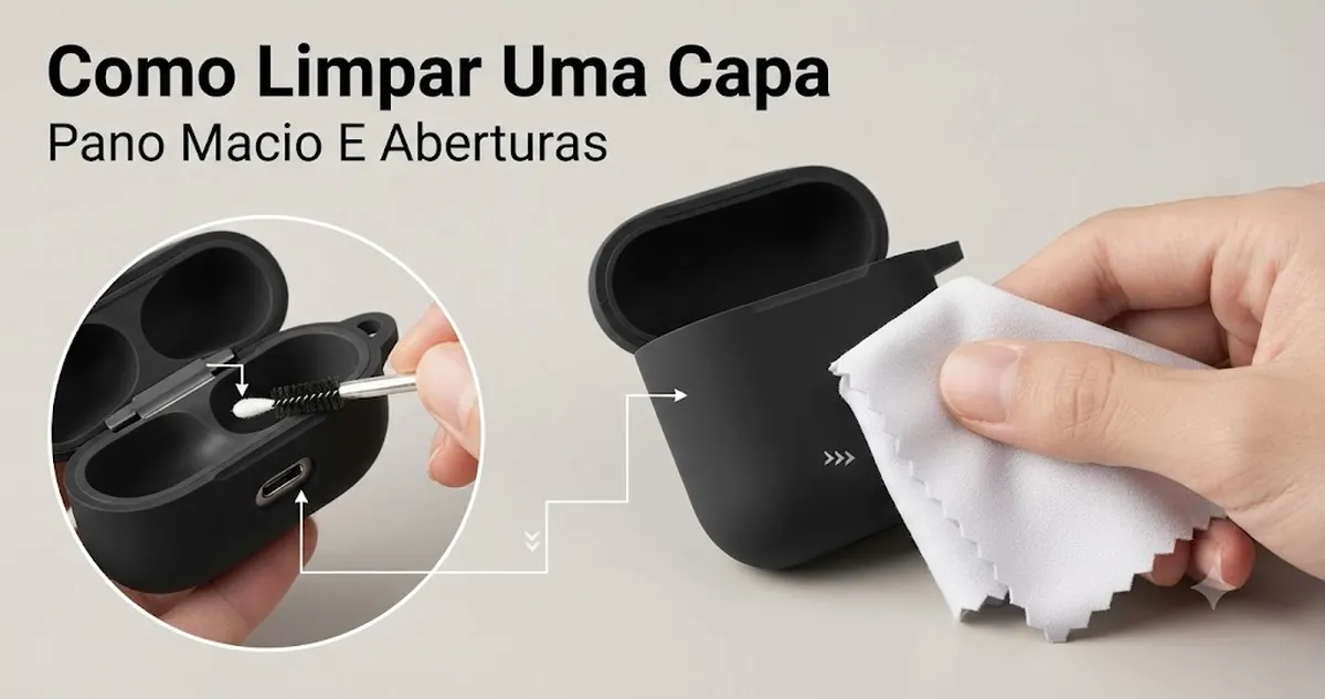 Limpeza de uma capa para estojo de fones sem fio com pano macio e pequenas ferramentas ao redor das aberturas