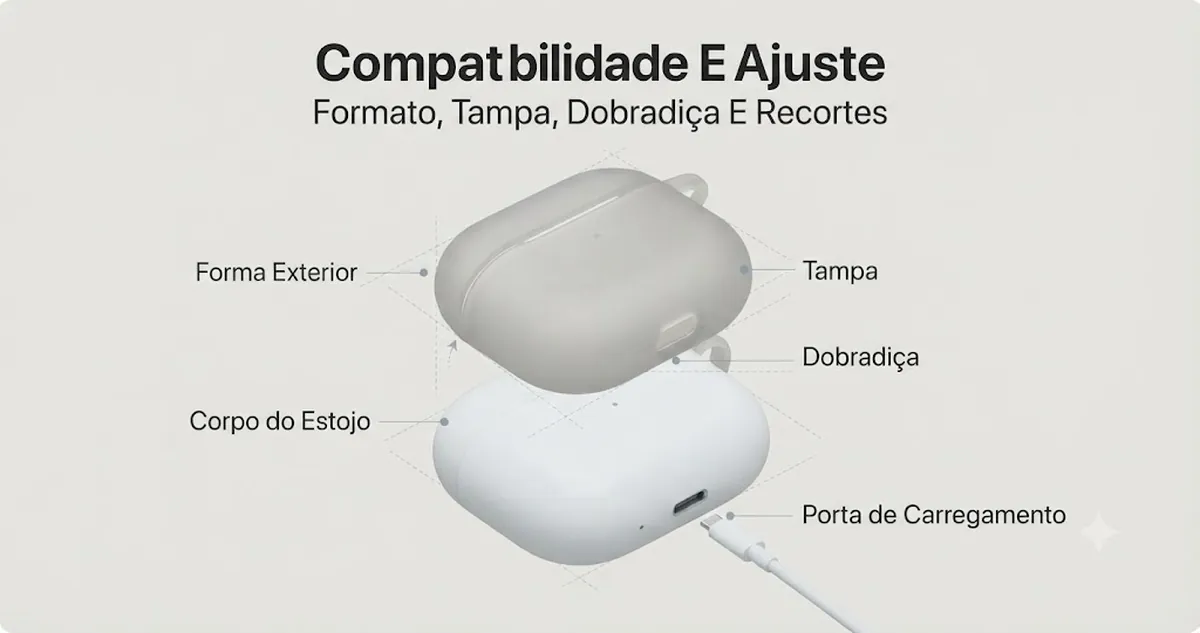 Capa para estojo de fones sem fio alinhada ao formato do estojo de carregamento, tampa, dobradiça e recortes de carga