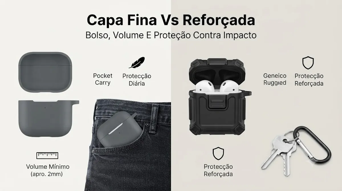 Capas finas e reforçadas para estojos de fones sem fio comparadas por uso no bolso, volume e proteção contra impacto