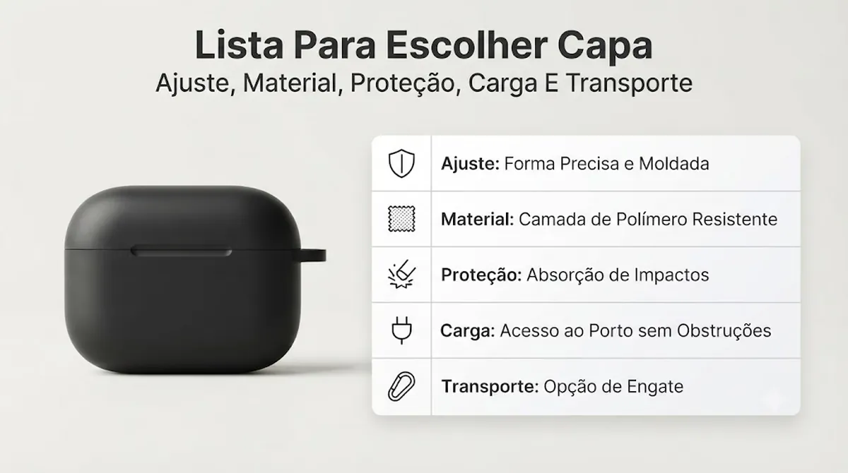 Lista de verificação para capa de estojo de fones sem fio com ajuste, material, proteção, acesso ao carregamento e opções de transporte