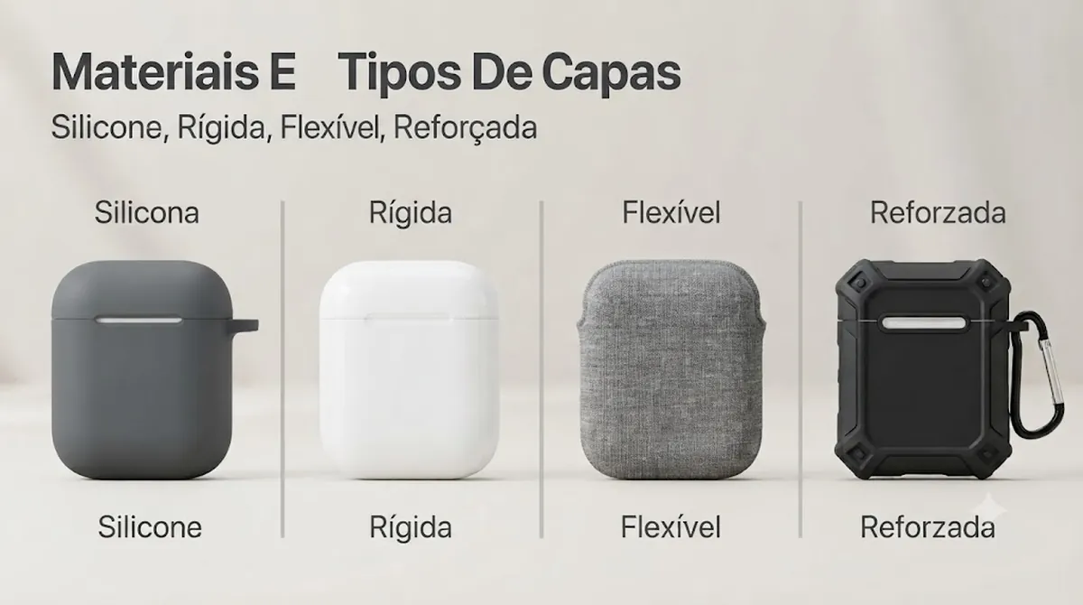 Materiais de capas para estojo de fones sem fio, incluindo silicone, capa rígida, capa flexível e modelos reforçados