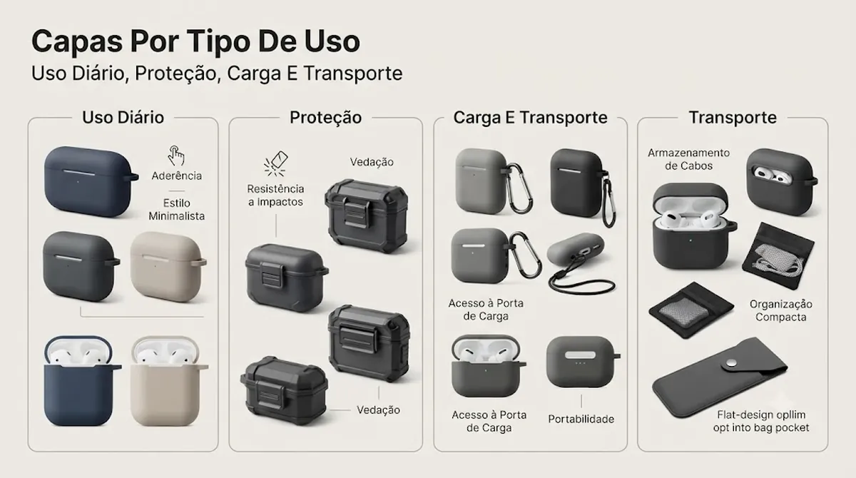 Opções de capas para estojo de fones sem fio agrupadas por uso diário, proteção, acesso ao carregamento e transporte