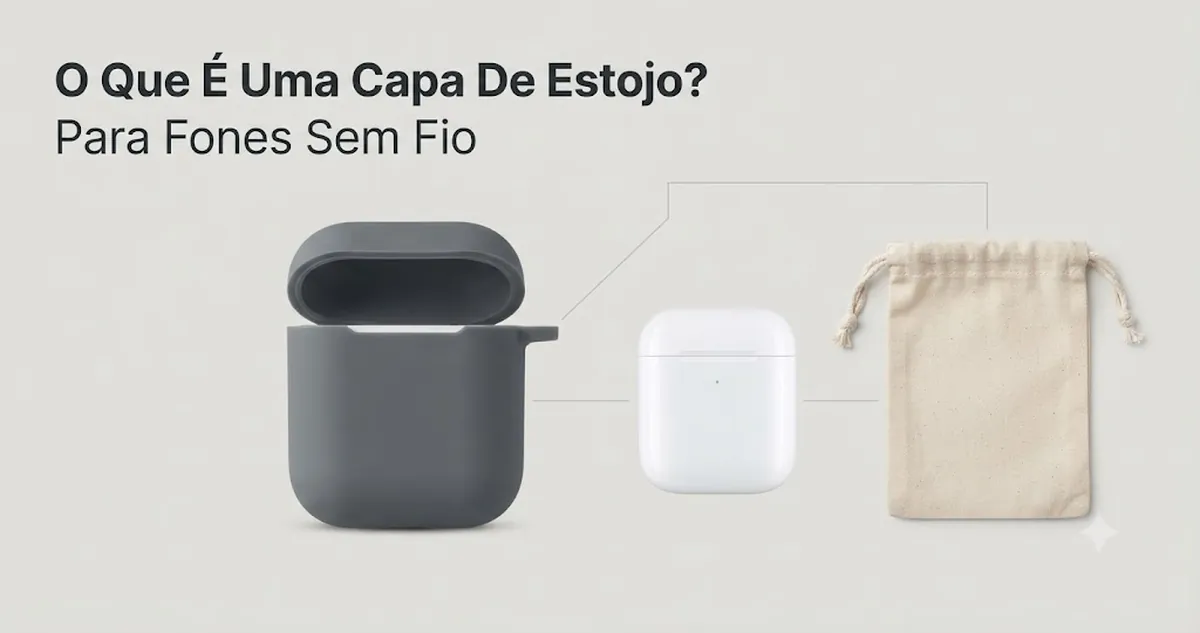 Capa ajustada para estojo de fones sem fio mostrada separada de um estojo de carregamento e de uma bolsa de transporte