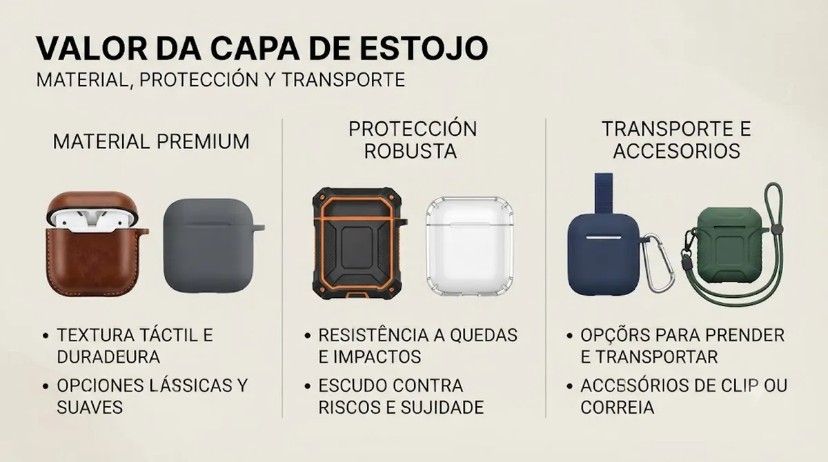 Comparação de valor de uma capa para estojo de fones sem fio com material, proteção e acessórios de transporte