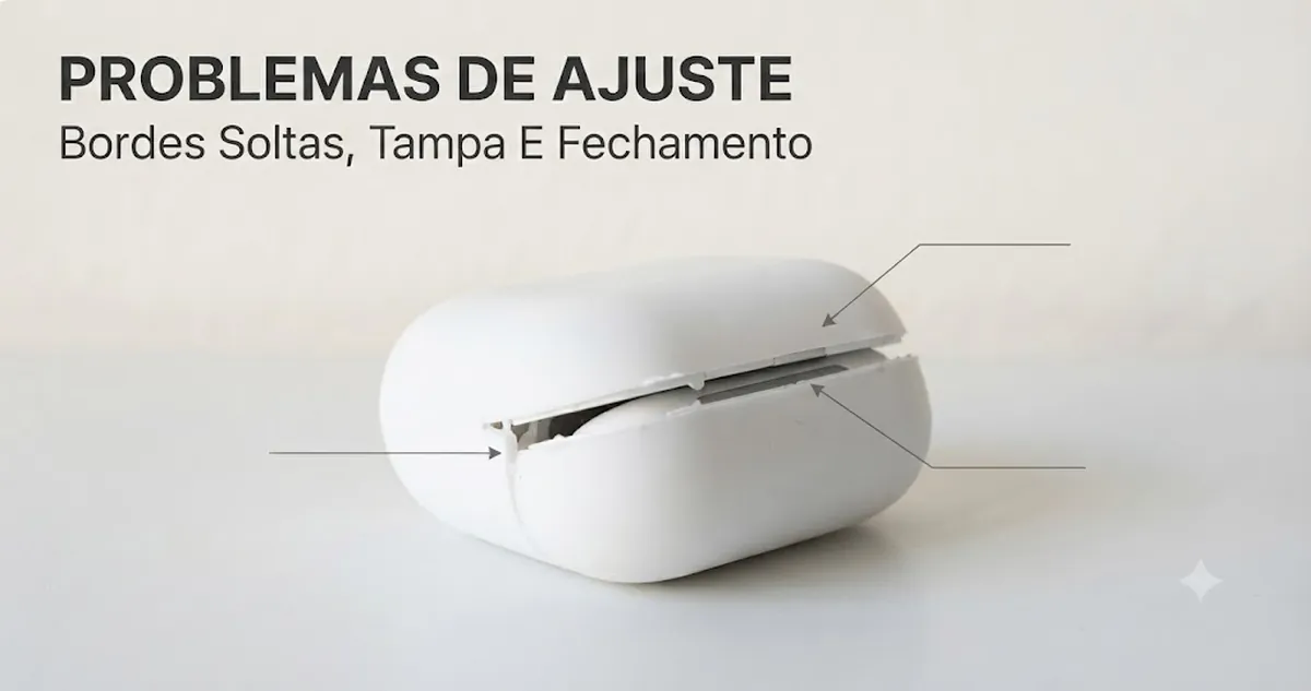 Problemas de ajuste em uma capa para estojo de fones sem fio com bordas soltas, tampa desalinhada e dificuldade de fechamento