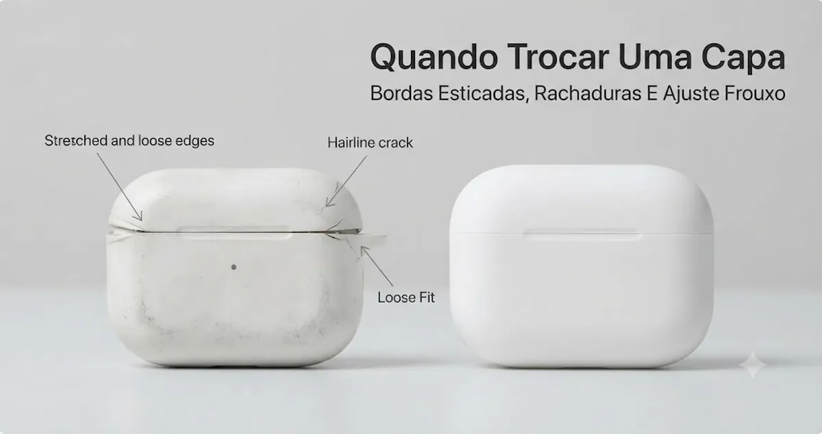 Capa desgastada para estojo de fones sem fio com bordas esticadas, rachaduras e ajuste frouxo ao lado de uma capa de reposição