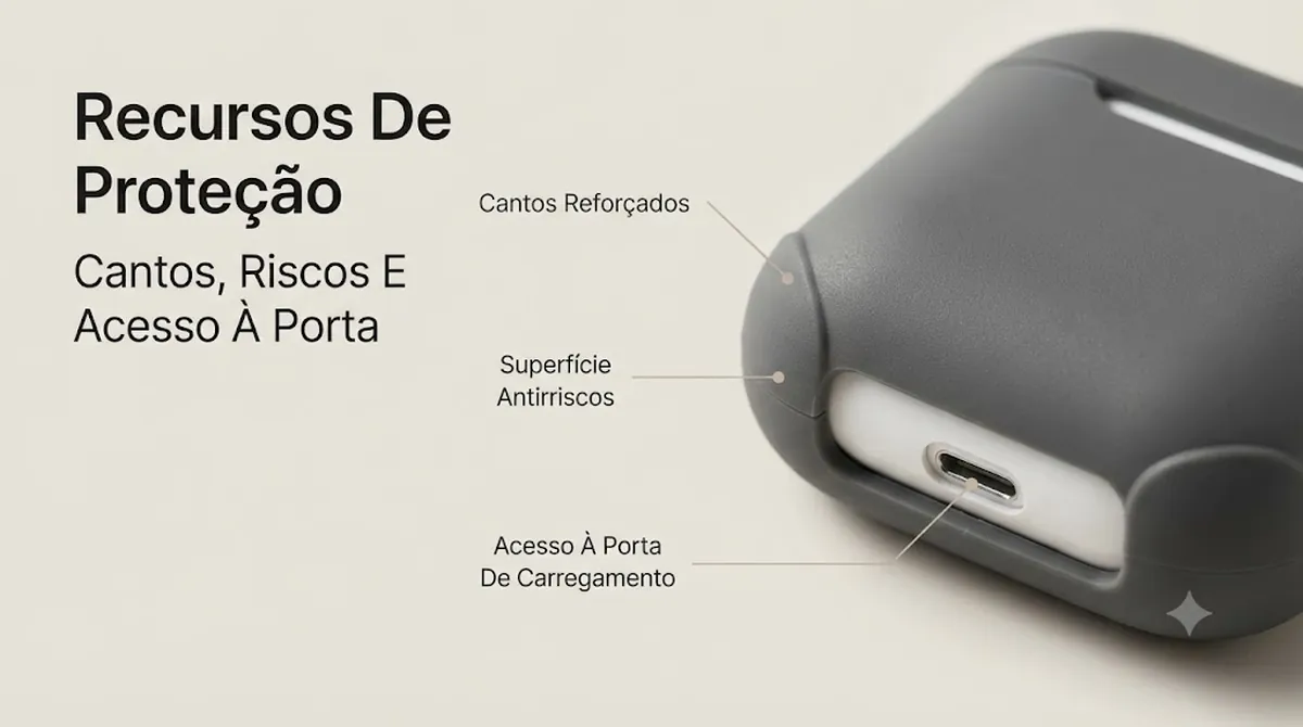 Detalhes de uma capa protetora para estojo de fones sem fio com cantos reforçados, proteção contra riscos e acesso à porta