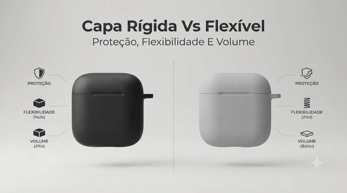 Capas rígidas e flexíveis para estojos de fones sem fio comparadas por proteção, flexibilidade e volume