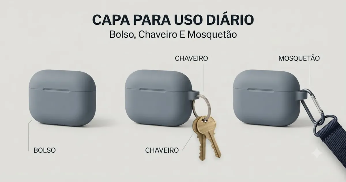 Capa para estojo de fones sem fio usada no dia a dia com tamanho de bolso, chaveiro e mosquetão
