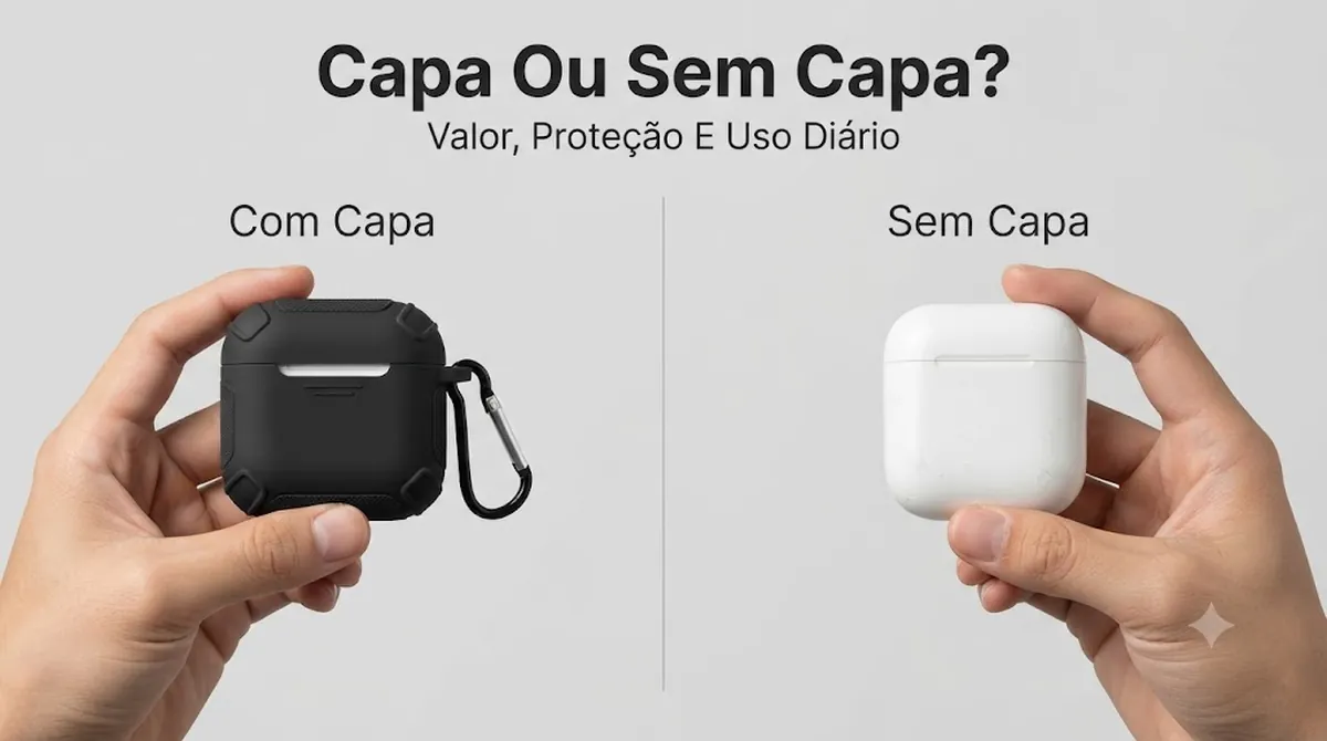 Estojo de carregamento de fones sem fio mostrado com e sem capa protetora para comparação de valor