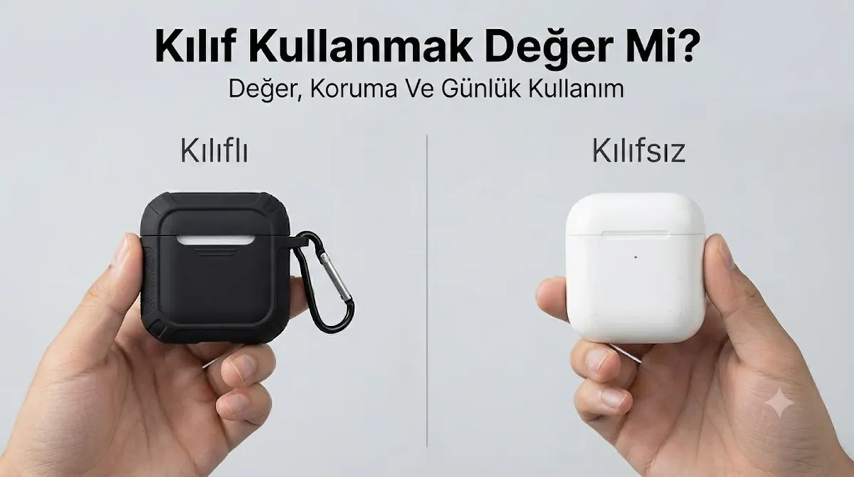 Değer karşılaştırması için koruyucu kılıflı ve kılıfsız gösterilen kablosuz kulaklık şarj kutusu