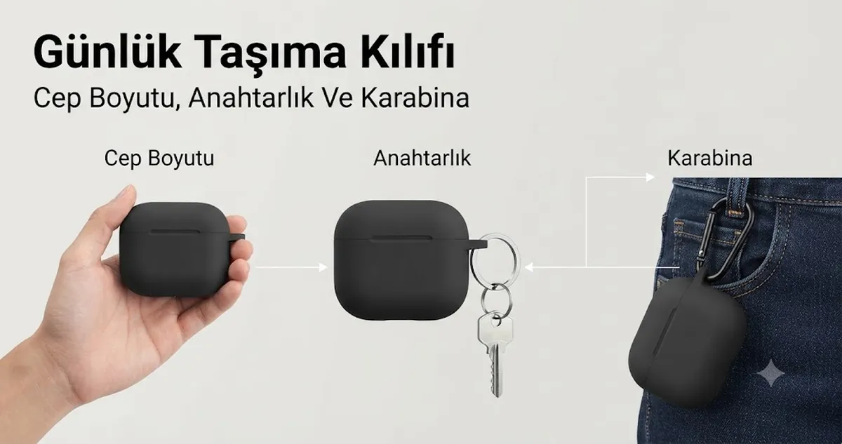 Cep dostu boyut, anahtarlık ve karabina seçenekleriyle günlük taşıma için kullanılan kablosuz kulaklık kutusu kılıfı