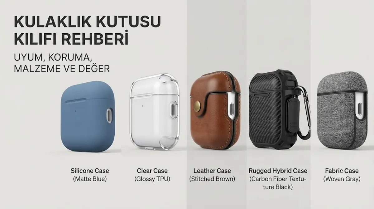Uyumlu koruma, malzeme türleri ve şarj erişimi ayrıntıları gösterilen kablosuz kulaklık kutusu kılıfları