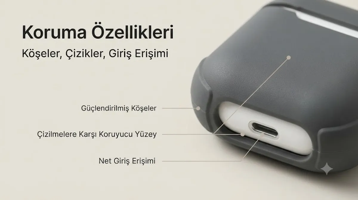 Güçlendirilmiş köşeler, çizilme koruması ve bağlantı noktası erişimi olan koruyucu kablosuz kulaklık kutusu kılıfı ayrıntıları